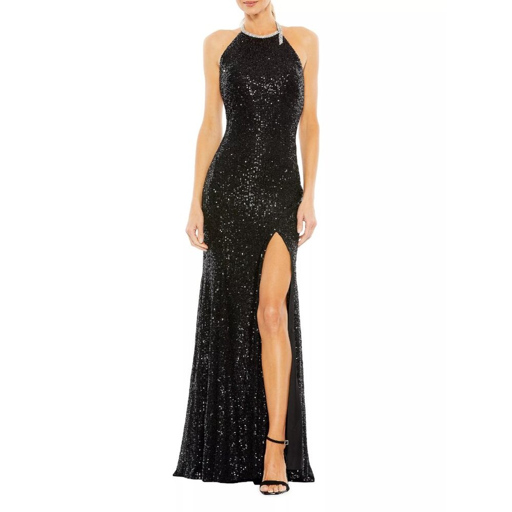 NWT $398 IEENA FOR MAC DUGGAL BLACK SEQUIN HIGH NECK RHINESTONE COLUMN GOWN SZ 0